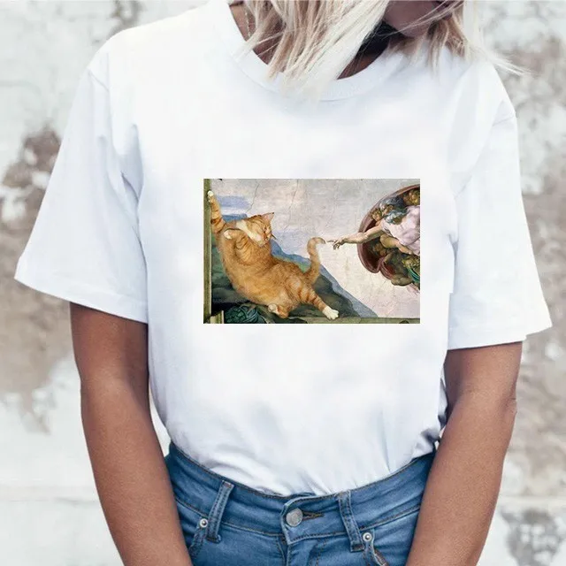 Забавная футболка Mona Lisa Cat для женщин Kawaii Топы Футболка Harajuku 90s Kawaii одежда футболка уличная Ulzzang Женская летняя футболка - Цвет: 6038