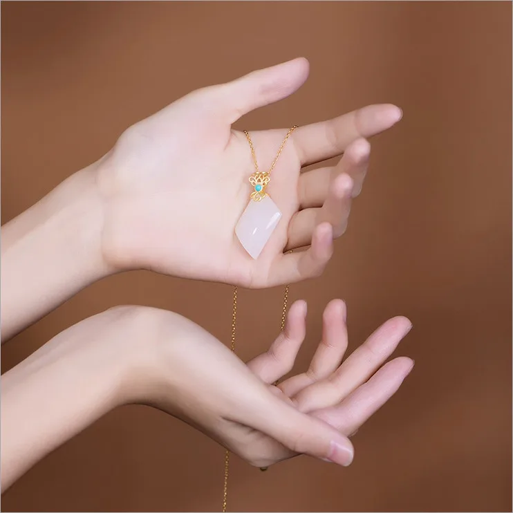Uglyless Irregular Geometric Square Necklaces for Women Natural jade Agate Pendants+ Chain 925 Silver Jewelry Gold Bijoux P1081 - Цвет камня: Rhombus White