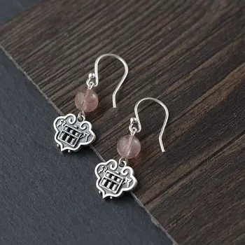 

FNJ Strawberry Quartz Earrings 925 Silver 100% Pure Original S925 Silver Sterling Drop Earring for Women Jewelry