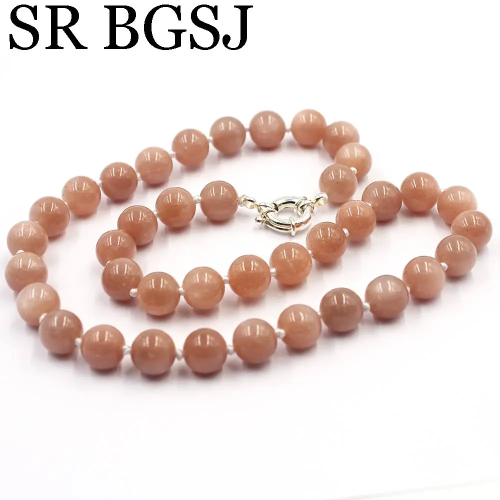 

Free Ship 10mm Sun Stone Round Beads Knot Genuine Stone Chocker Women Jewelry Necklace Strand 17.5inch