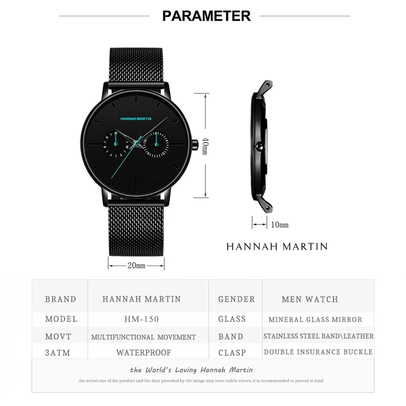 HANNAH Martin мужские часы многофункциональные маленькие циферблаты из нержавеющей стали сетчатые стильные водонепроницаемые наручные часы