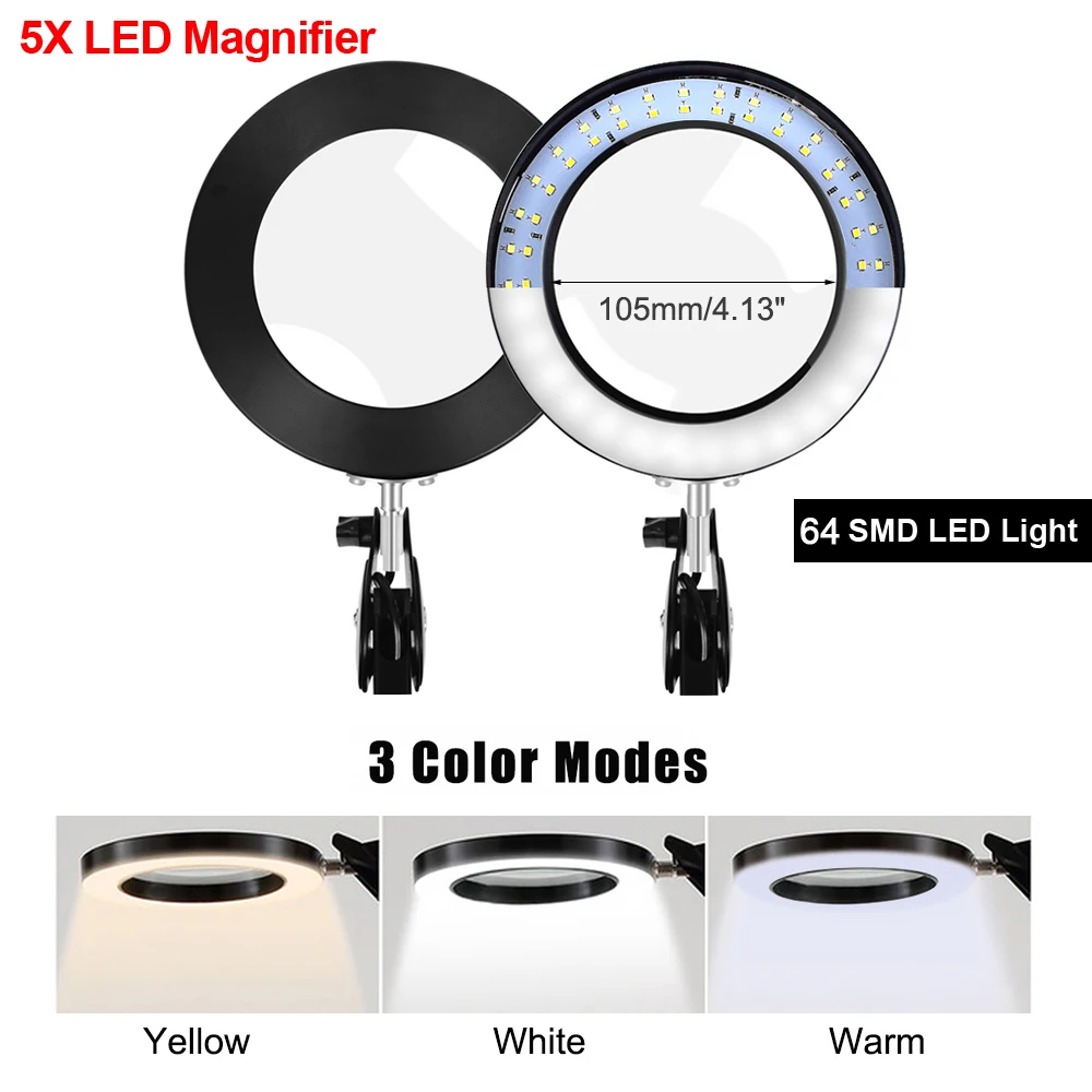US $22.92 NEWACALOX 5X Illuminated Magnifier USB 3 Colors LED Magnifying Glass For Soldering Iron RepairTable LampSkincare Beauty Tool