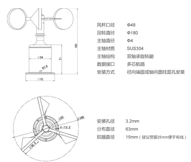 Три чашки датчика скорости ветра и направления/измеритель скорости ветра и направления(RS485/232, 4-20mA/0-5 V