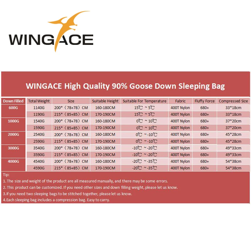 WINGACE заполнить 600 г 1000 конверт гусиный пух спальный мешок на открытом воздухе взрослых сверхлегкий теплый Сращивание туристов спальные мешки
