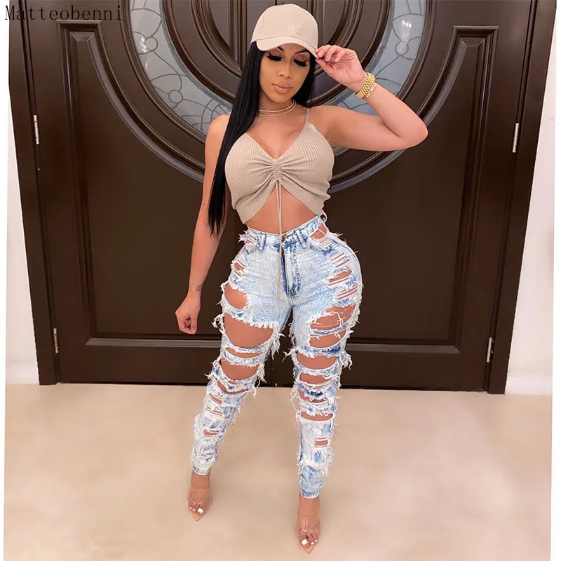 

Sexy Hole Boyfriend Jeans Women High Waist Elastic Ripped Mom Jeans Streetwear Slim Denim Pants Ladies Straight Denim Trousers