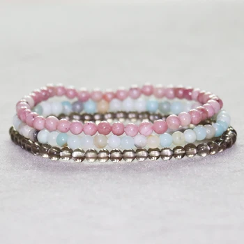 

MG0051 4 mm Mini Gem Stone Bracelet Set Amazonite Smoky Quarz Bracelet New Design Rhodonite Women`s Yoga Mala Bracelet