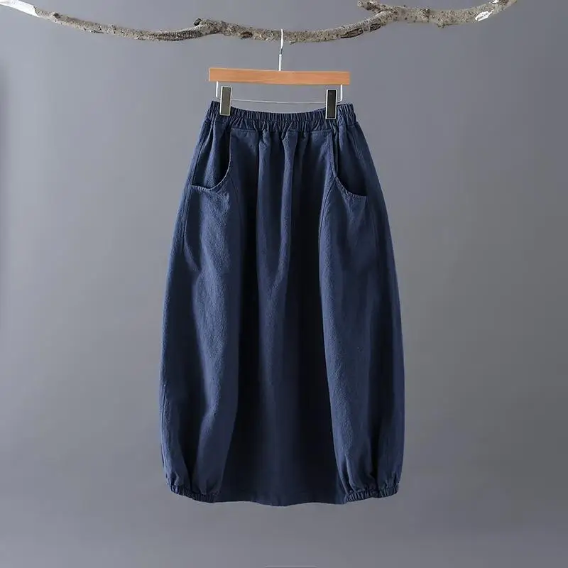 NavyBlue Новые Простые ретро карманы Универсальные женские цветочные бутон половина юбки осенние свободные удобные плюс размер Асимметричная юбка - Цвет: NavyBlue