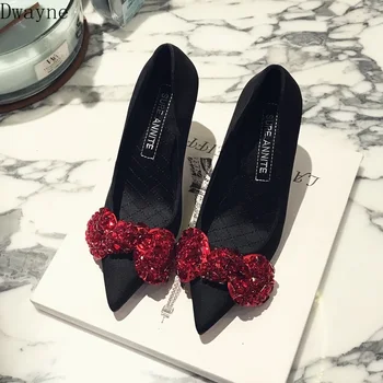 

2019 spring and summer new hand-sewn shoes rhinestones bow pointed shallow shoes stiletto sexy high-heeled women's shoes
