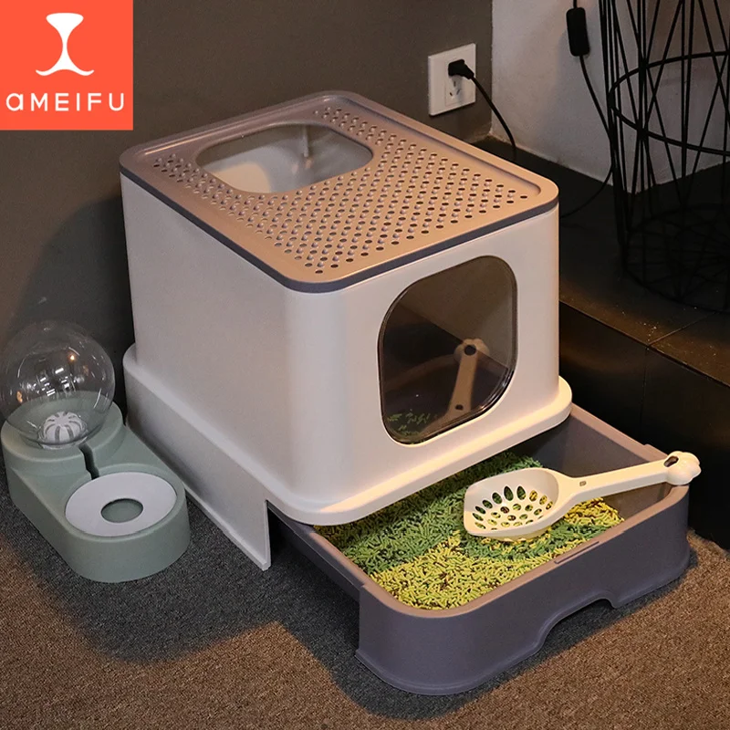 Pet Toilet Bedpan Anti Splash Cats Litter Box With Scoop Fully Closed