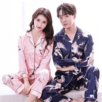 

Fdfklak Spring Summer New Soft Women's Home Suit Silk Pajamas Couple Long Sleeve 2 Pieces Pyjamas Female Night Wears