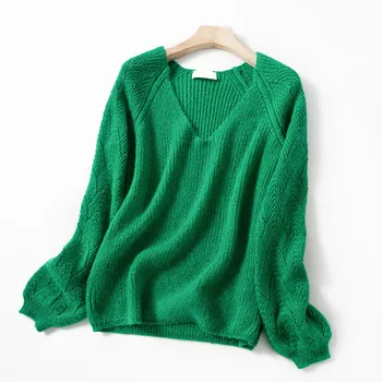 

Women Sweater 2020 New Hollow V-neck Mohair Early Spring New Tri-color Pullover