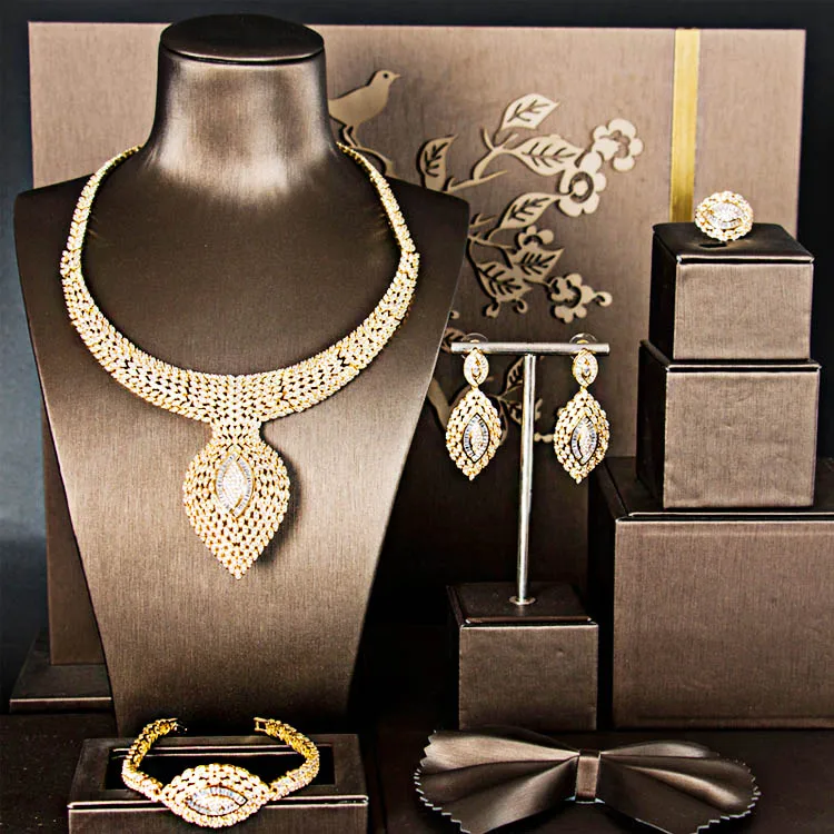 Dazz New Luxury 4PCS Big Dangle Africa Collar Jewelry Set Women's Wedding Full AAA Zircon Dubai Bridal Sets Gifts 2019 | Украшения и