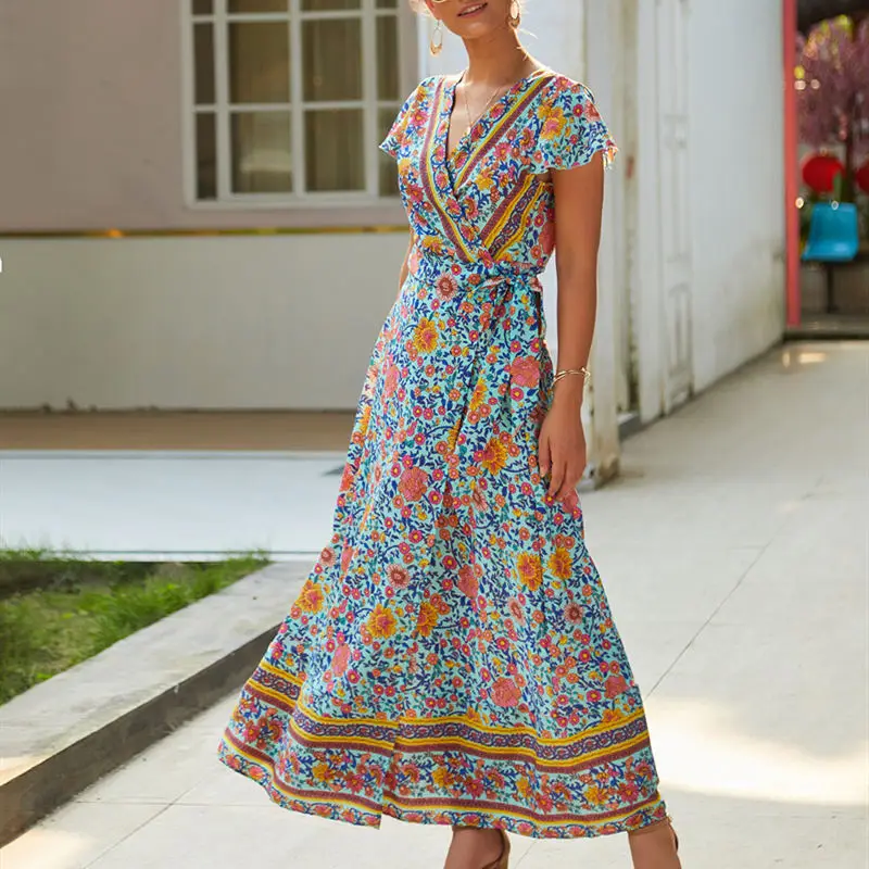 Vestido de Verão Praia com Decote em v Elegante de Manga Novo Feminino Sexy Padrão Arco Vestido Curta-q22 2021 43 sexy padrão arco praia com decote em