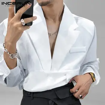 INCERUN 남성용 캐주얼 셔츠, 단색 라펠 버튼, 긴팔 패션 상의, 루즈 스트리트 웨어, 레저 S-5XL, 2023