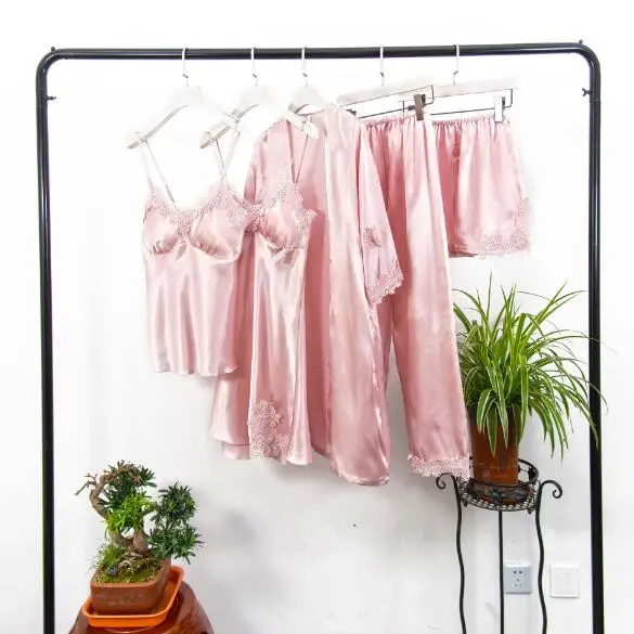 Комплект из 5 предметов; сезон весна-осень; шелковые пижамы для женщин; пикантные кружевные женские пижамы на бретельках; летние облегающие шорты; Пижама - Цвет: pink 5 pieces