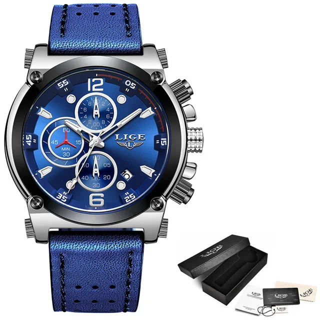 Silver blue Relogio Masculino LIGE для мужчин s часы лучший бренд класса люкс мужская мода Бизнес водонепроницаемые кварцевые часы для мужчин повседневные кожаные часы - Color: Silver blue