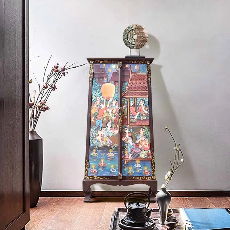 Thai Style Painted Thai Spa Massage Shop Decoration Storage Cabinet Southeast Asian Style Solid Wood Furniture Entrance Cabinet