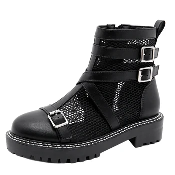 

2020 autumn new women's boots mesh belt buckle zipper handsome thick heel short boots motorcycle boots