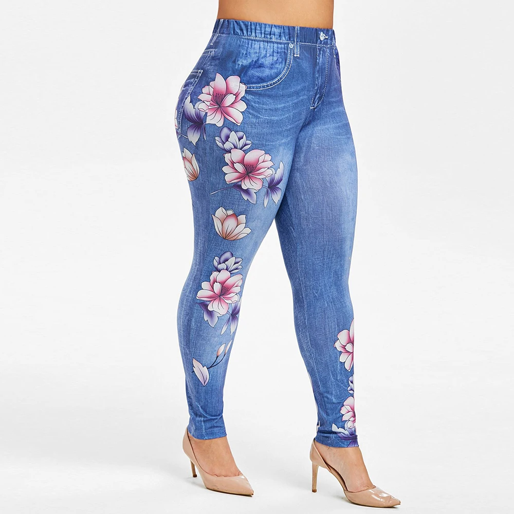 6XL размера плюс, женские длинные штаны с цветочным принтом, имитация джинсовой ткани, дамские колготки на молнии, женские штаны, spodnie damskie, уличная одежда D30