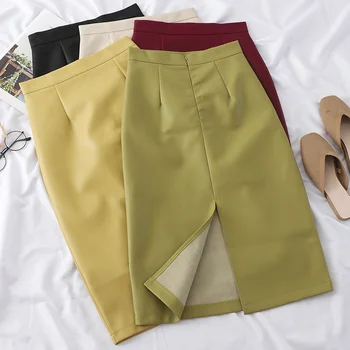 

PU Leather Solid Silt Skirts Women High Waist Straight Midi Skirts Highstreet Skirts 2020 Spring Fall Midi Skirts Women