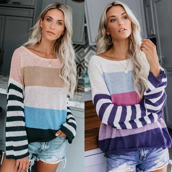 

Knitted Loose Striped Sweater Women Plus Size Long Sleeve Streetwear Korean Style Tops Jumpers Woman Knitted Sweater Winter 2019