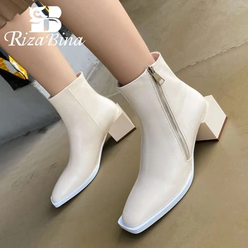 

RIZABINA Real Leather Women Ankle Boots Side Zipper Thick Heel Shoes Square Toe Warm Boots Party Women Footwear Size 34-39