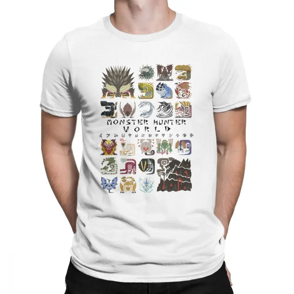 Мужские футболки Monster Hunter World, Винтажная футболка из чистого хлопка, футболки с коротким рукавом, круглый воротник, одежда размера плюс 4XL 5XL - Цвет: Белый