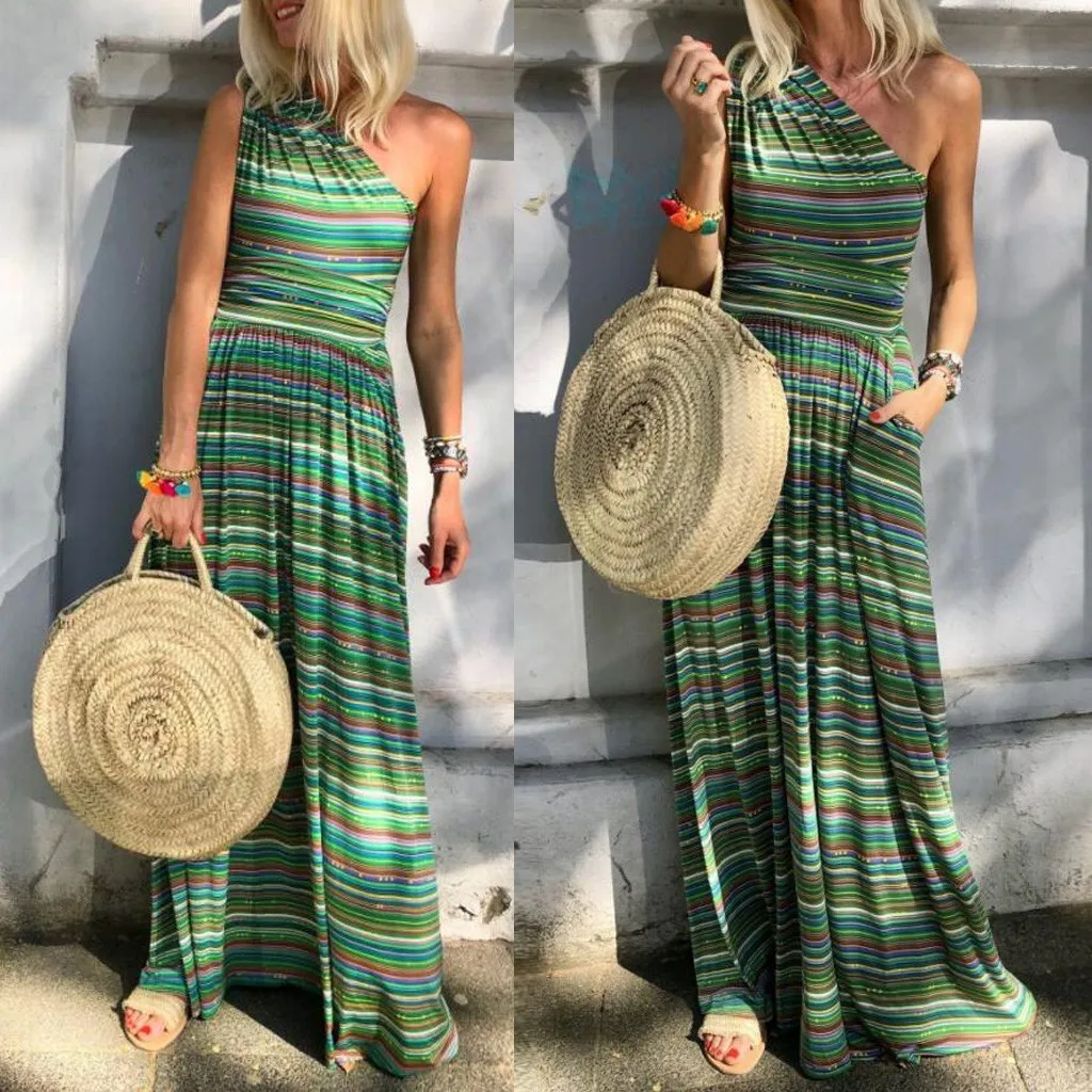 Ropa mujer vestidos платья женские вечерние летние в полоску Boho Beach с открытыми плечами