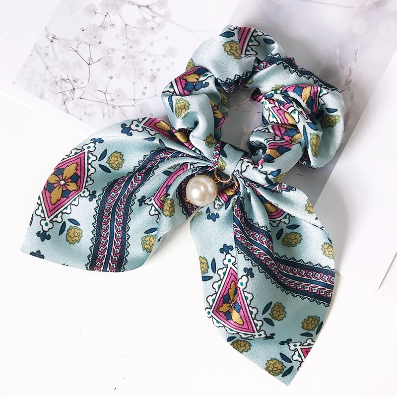 Flower Green Большие шифоновые резинки для волос с бантом, модные женские резинки с жемчугом и конским хвостом, резинки для волос, аксессуары для волос, головные уборы - Цвет: Flower Green