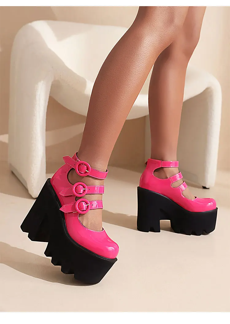 Three Rows Of Round Buckle Super High Wedges Sexy Women's Pumps Bright Patent Leather Super High Platform Women's High Heels