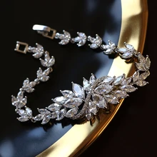 Браслет из кубического циркония, свадебные браслеты и браслеты, модные женские браслеты с серебряными листьями и цепочкой