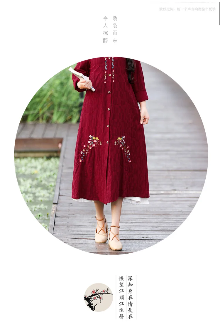 Autumn Clothing New Style Jacquard Embroidered Cotton Linen Retro Cardigan Elegant Large Size Mid-length Women's