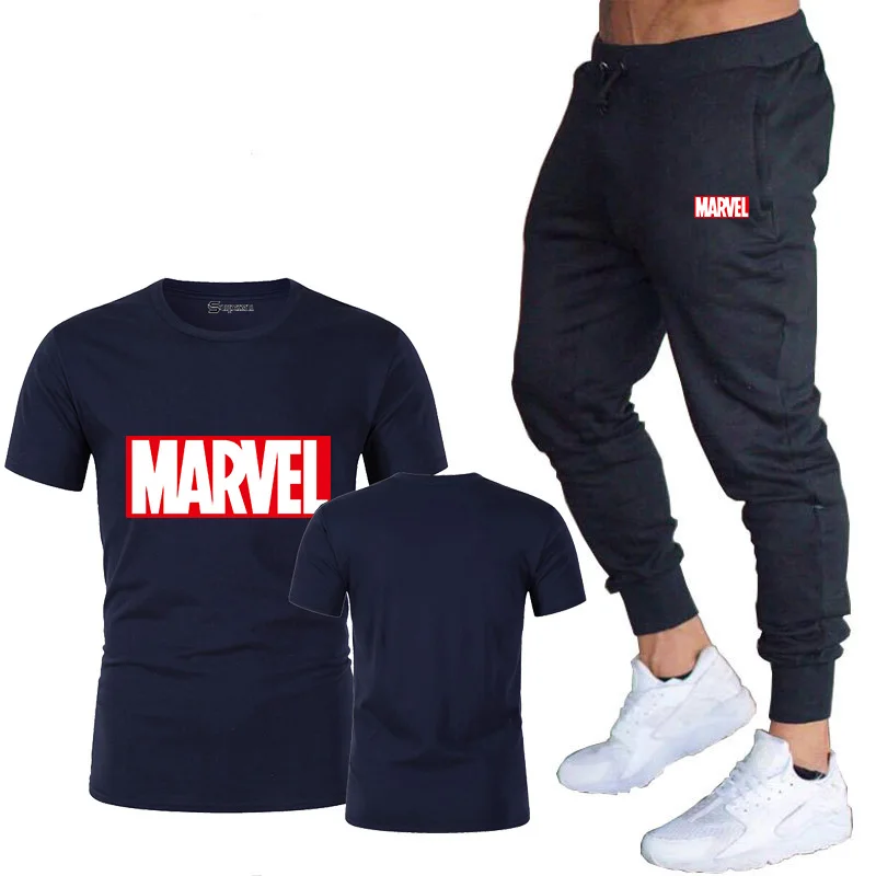 Navy Новинка, Мужская футболка с надписью Marvel, футболка с коротким рукавом, Мужские штаны, летняя брендовая одежда, топы, набор - Цвет: Navy