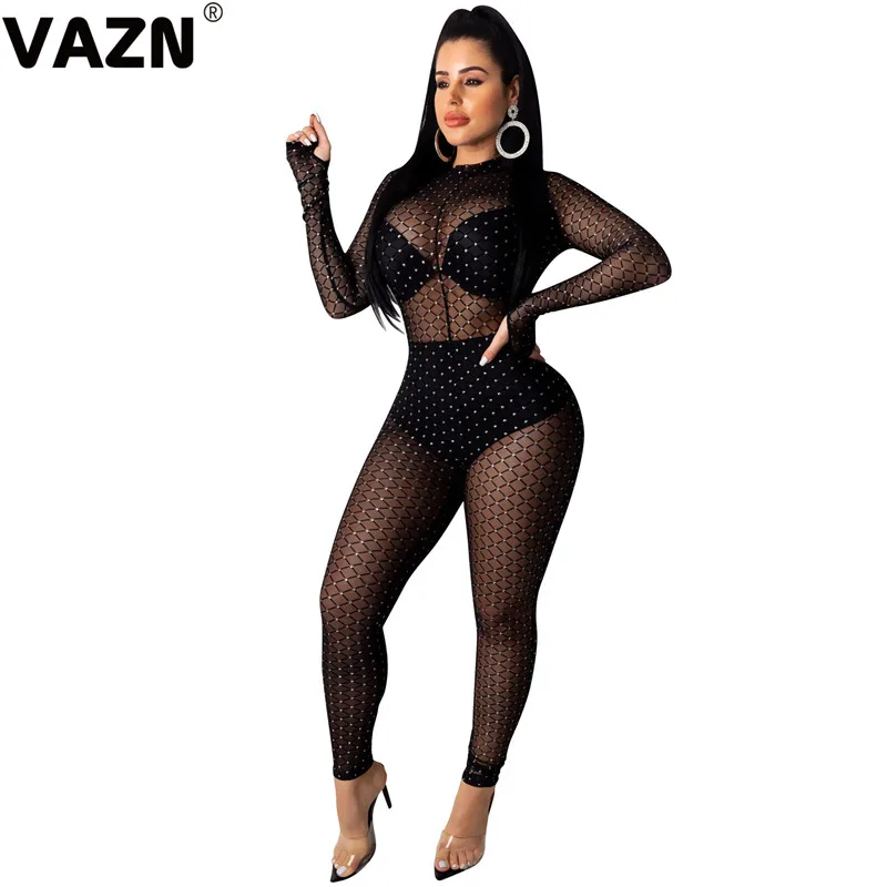 VAZN CY1207 осень черный кружевной студенческий солнцезащитный Повседневный женский комбинезон однотонный шифоновый сексуальный спортивный костюм с длинным рукавом
