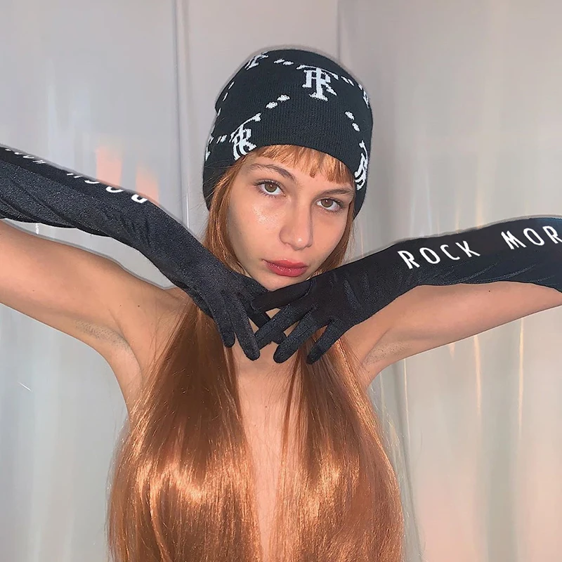 Rapcopter повседневные перчатки с буквенным принтом из двух частей, модная женская уличная одежда, Осенние Зимние шерстяные перчатки, женская готическая перчатка, украшение