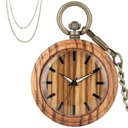 Коричневый деревянный корпус кварцевые карманные часы простая Мода кулон карманное ожерелье часы стимпанк бронзовая цепь цепочки для