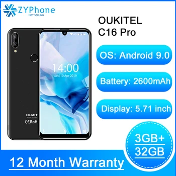 Перейти на Алиэкспресс и купить Мобильный телефон OUKITEL C16 Pro, 5,71-дюймовый экран 19:9 Waterdrop, Android 9.0, MT6761P 3 ГБ+ 32 ГБ, сканер отпечатков пальцев и лица, 5 В/1 A, 4G смартфон