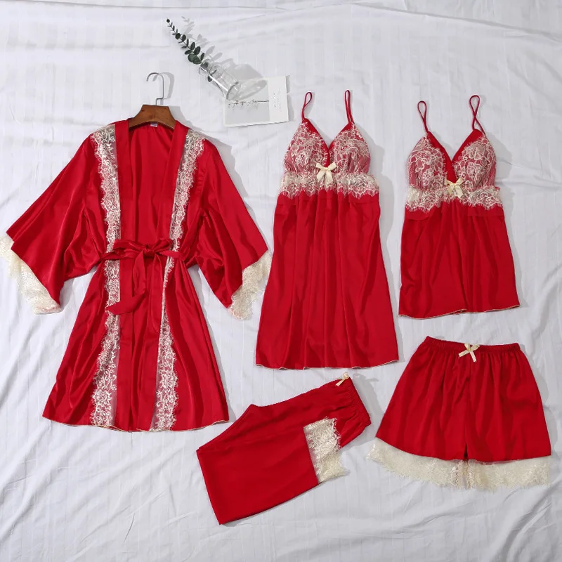 

QWEEK Summer Thin Ice Silk Gown Robe Nightwear Five-piece Sexy Spaghetti Strap Pyjamas Women with Chest Pads Lace Satin Pajamas
