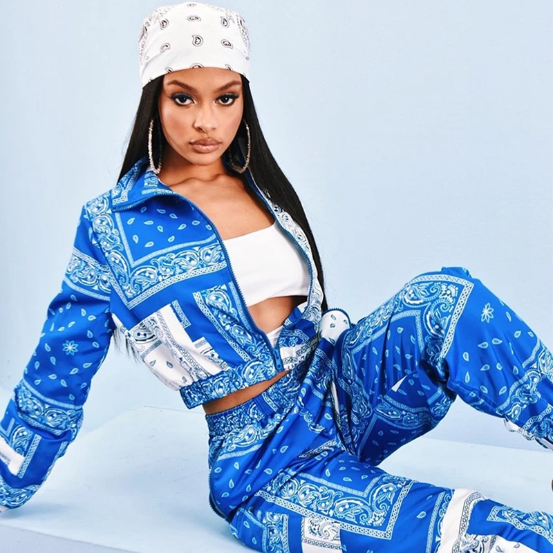 Bandana Two Piece Set Paisley Print Sweatsuit Autumn Winter Long Sleeve Zipper Jacket And Jogger Pants Casual Outdoor Tracksuits royal blue women long maxi dress one shoulder paisley side slit dresses 2022 summer activewears sexy night club party vestidos