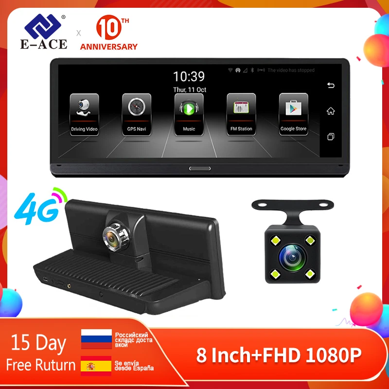 E-ACE Автомобильный видеорегистратор 4G Android 5,1 Camara 8,0 дюймов GPS навигация Wifi FHD 1080P видеорегистратор ADAS Bluetooth Авто видеорегистратор E-ACE Автомобильный видеорегистратор 4G Android 5,1 Camara 8,0 дюймов GPS навигация Wifi FHD 1080P видеорегистратор ADAS Bluetooth Авто видеорегистратор