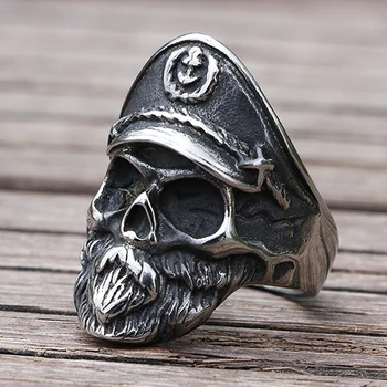 

Gothic Navy Captain Skull Ring Men's Stainless Steel Bearded Skull Biker Rings Cool Skeleton Military Ring Jewelry Gift for Him