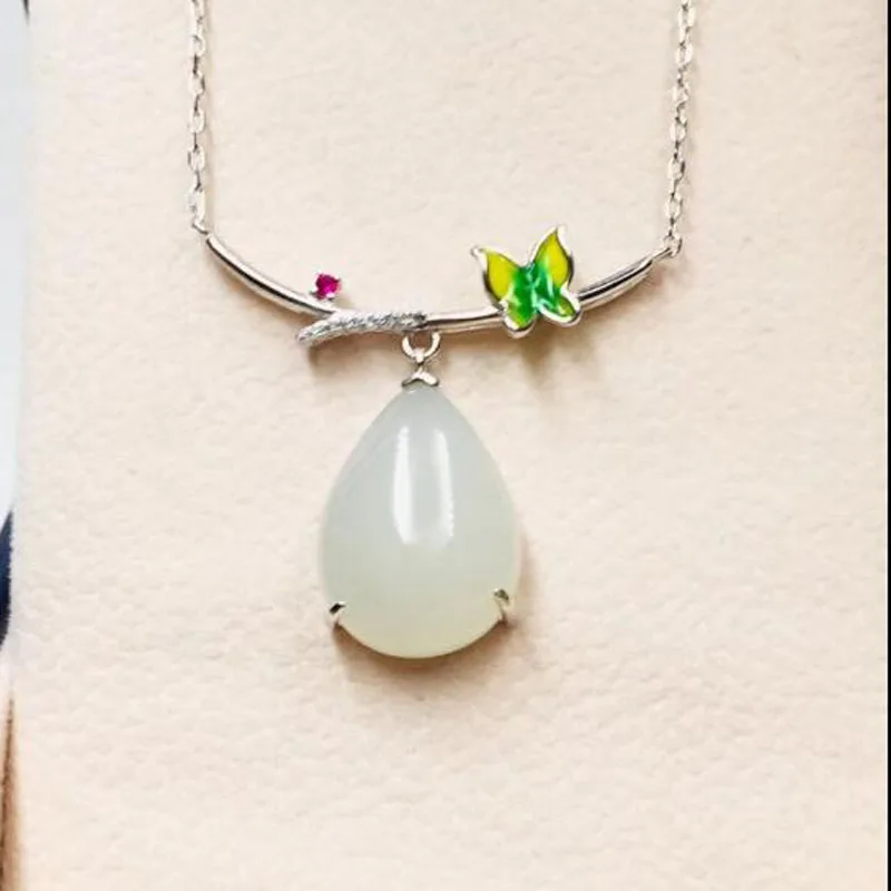 Beautiful 925 Silver White Jade Water Drop Inlaid Enamel Craft Colored Zircon Pendant For Women Jewelry