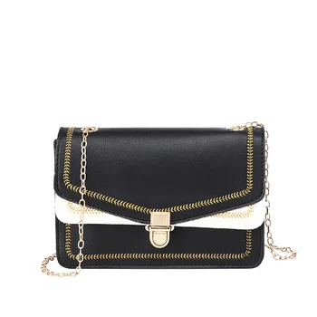 

2020 New Style WOMEN'S Bag Embroidery Square Sling Bag Crossbody Bag Contrast Color Mobile Phone Bag Chain Lock Small Bag