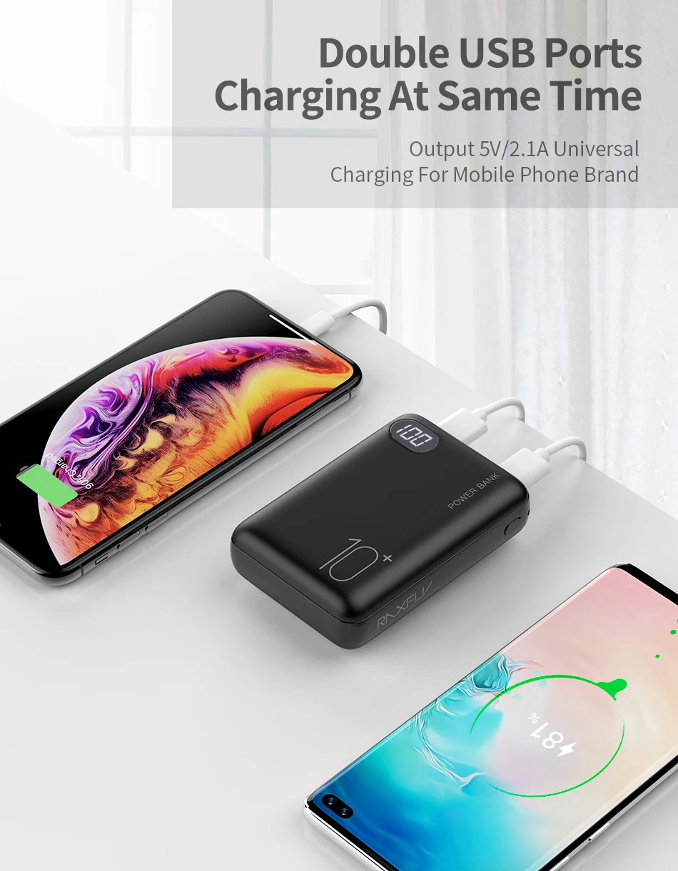 RAXFLY 10000 мАч mi ni power Bank для iPhone Xiaomi mi 9 SE двойной USB светодиодный дисплей внешний аккумулятор Poverbank Pover bank