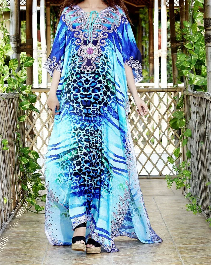 Хлопковый кафтан пляжное платье синяя Туника женская летняя размера плюс пляжная одежда с принтом кафтан купальный костюм накидка длинная халат de plage - Цвет: Q736