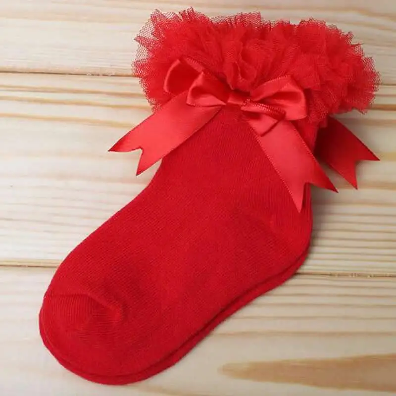 Одежда для малышей высокие носки по колено для девочек, детское платье принцессы для девочек с бантом, кружево, цветочный рисунок, детские короткие носки хлопок носки с рюшечками для безбортные носки - Цвет: red big lace