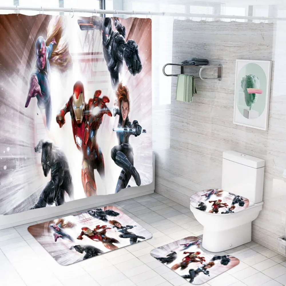 

Super Hero Film Avengers Alliance Shower Curtain 4 PCS/Set Waterproof Bath Screen Door Curtain Boy Bathroom Mat Set Non-slip Rug