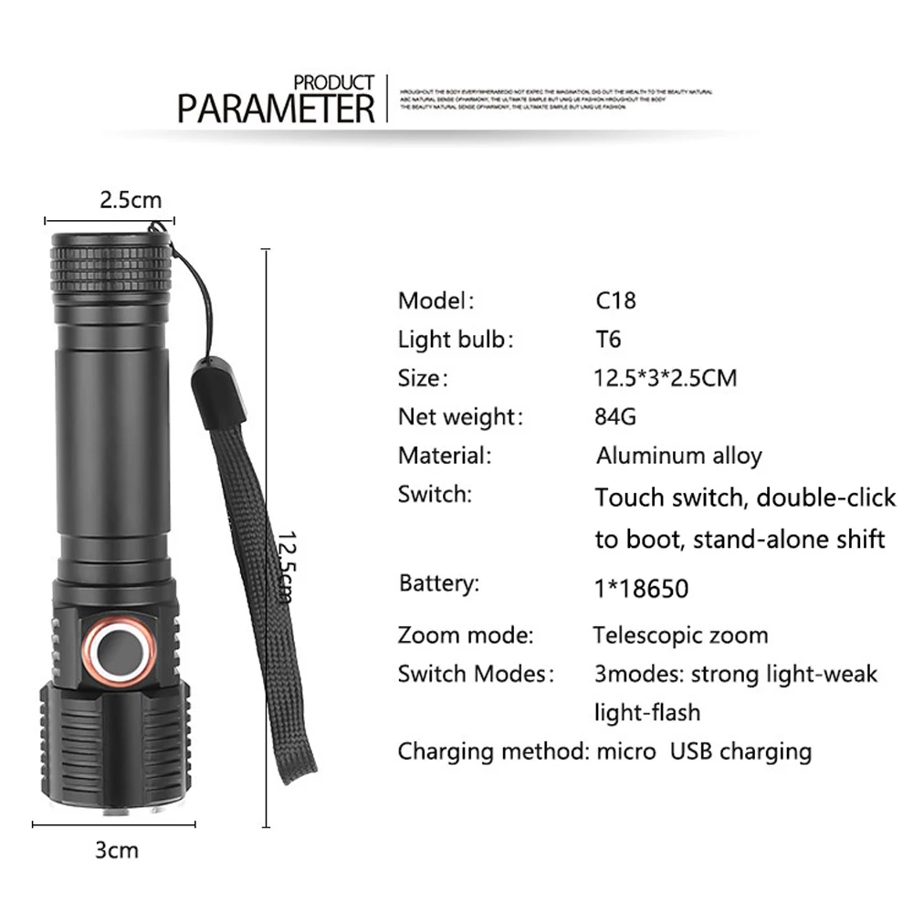 Сенсорный выключатель T6 светодиодный фонарик Портативный 3 режима Водонепроницаемый фонарь с зумом USB перезаряжаемый аккумулятор 18650 лучший подарок