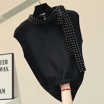 

Knitted Ice silk sleeveless beading tank top women black white tops 2020 summer new arrival