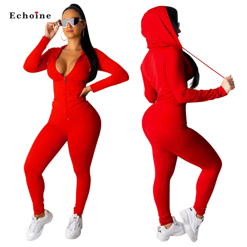 

Sexy Two Piece Set Women Sport Tops Riding Hooded Neck Zipper Slim Elastic Long Pencil Pants Suit Modern Lady Streetwear Outfits